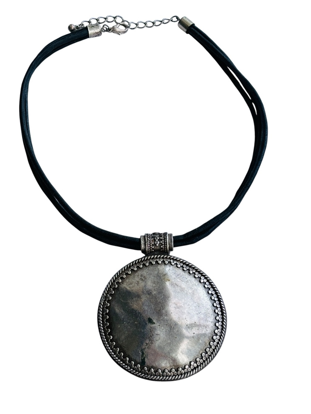 Vintage IKITA Paris Hammered Silver Medallion Cord Statement Necklace Boho 15”